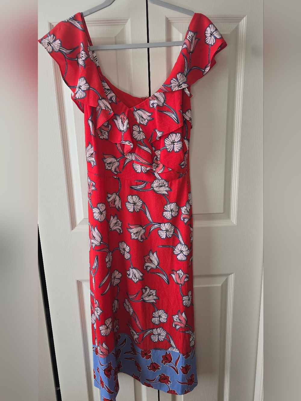 Roz & Ali Off The Shoulder Coral Pink Floral Midi  Dress 10P